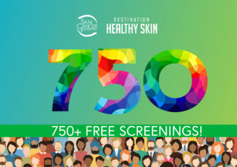 Art by The Skin Cancer Foundation. Show a graphic saying 750 free screenings. Destination Healthy Skin